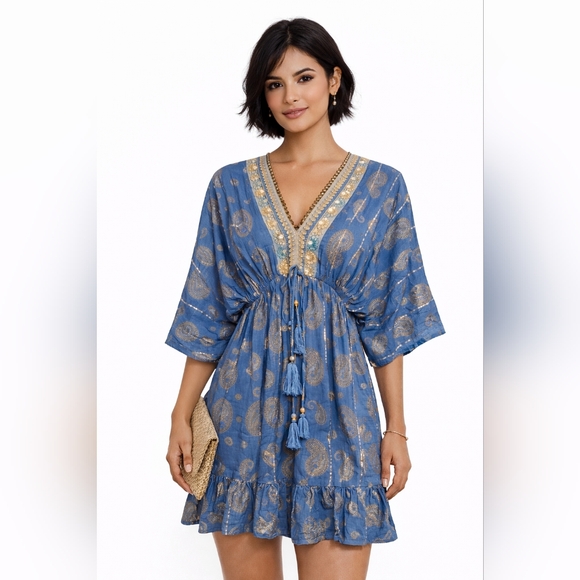 Zury Dresses & Skirts - Zury Embroidered Blue & Gold V-Neck Boho Mini Dress – One Size – NWT
